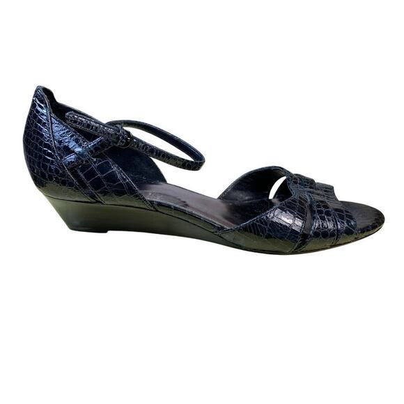 Circa Joan and David CJDWAYNE Black Leather Snakeskin Wedge Sandals - Size 7 - Picture 1 of 8